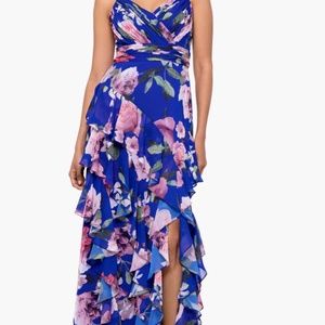 Xscape chiffon blue floral long tiered ruffle dress NWT